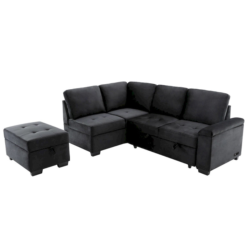 Divano angolare a 5 posti da 84,75" con letto estraibile, pouf contenitore, vano portaoggetti nascosto nel bracciolo e ricarica USB