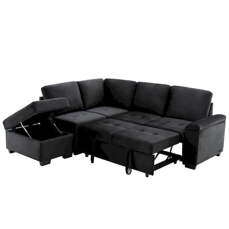 Divano angolare a 5 posti da 84,75" con letto estraibile, pouf contenitore, vano portaoggetti nascosto nel bracciolo e ricarica USB
