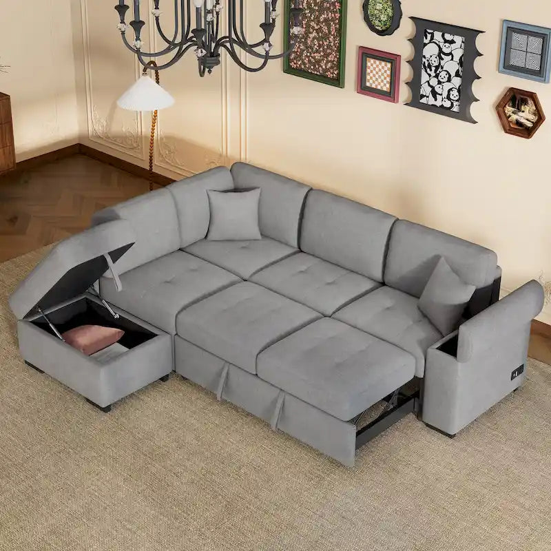Divano angolare a 5 posti da 84,75" con letto estraibile, pouf contenitore, vano portaoggetti nascosto nel bracciolo e ricarica USB