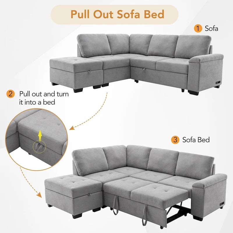 Divano angolare a 5 posti da 84,75" con letto estraibile, pouf contenitore, vano portaoggetti nascosto nel bracciolo e ricarica USB