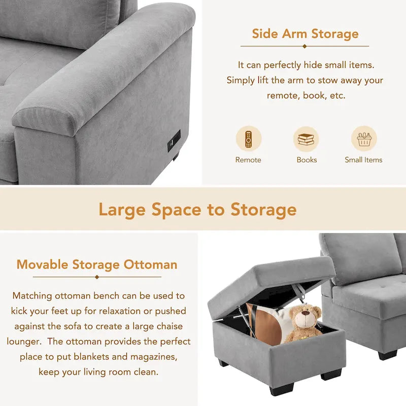 Divano angolare a 5 posti da 84,75" con letto estraibile, pouf contenitore, vano portaoggetti nascosto nel bracciolo e ricarica USB