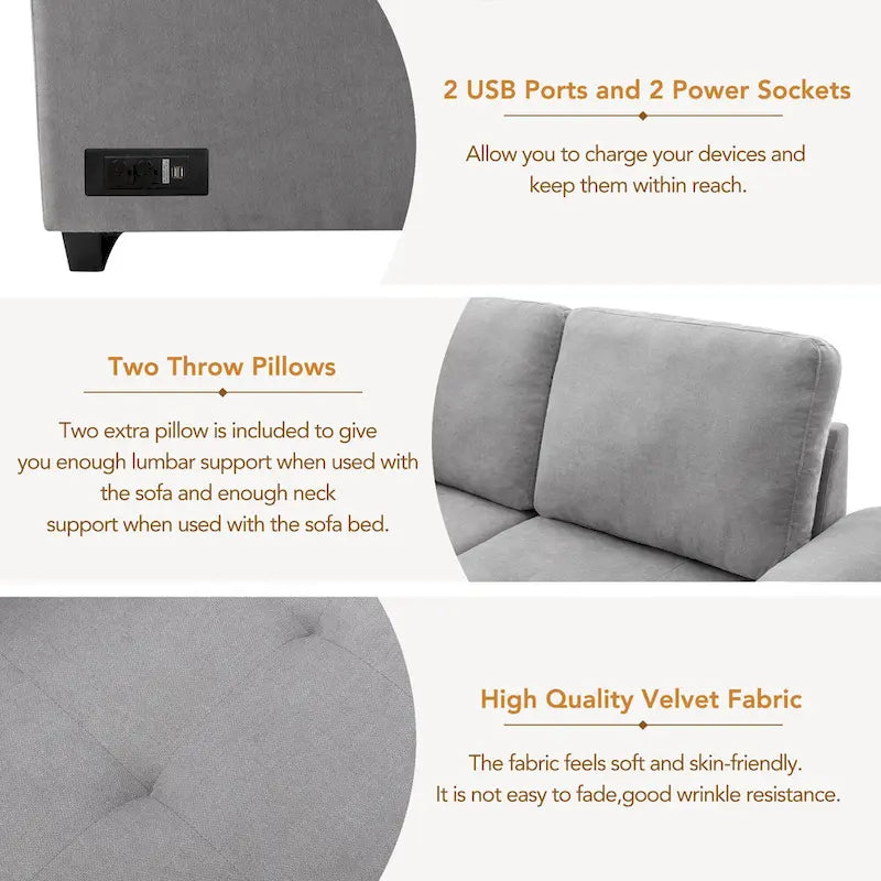 Divano angolare a 5 posti da 84,75" con letto estraibile, pouf contenitore, vano portaoggetti nascosto nel bracciolo e ricarica USB