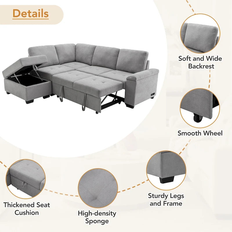 Divano angolare a 5 posti da 84,75" con letto estraibile, pouf contenitore, vano portaoggetti nascosto nel bracciolo e ricarica USB