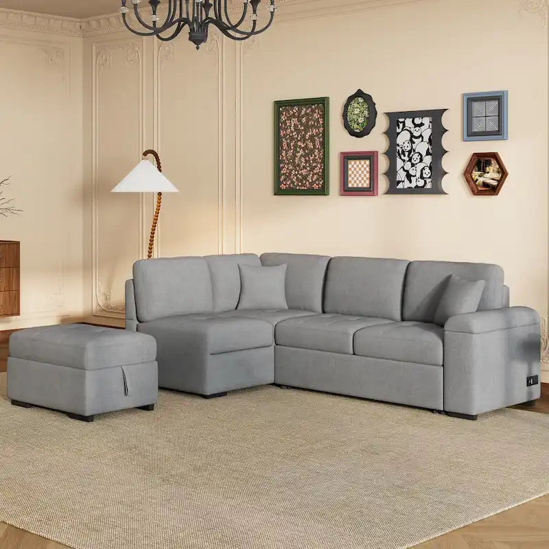 Divano angolare a 5 posti da 84,75" con letto estraibile, pouf contenitore, vano portaoggetti nascosto nel bracciolo e ricarica USB