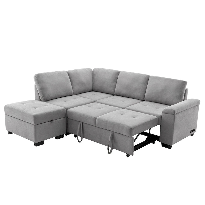 Divano angolare a 5 posti da 84,75" con letto estraibile, pouf contenitore, vano portaoggetti nascosto nel bracciolo e ricarica USB