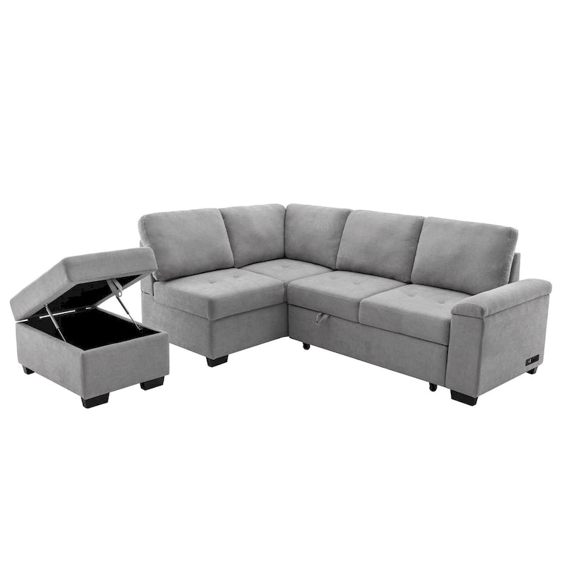 Divano angolare a 5 posti da 84,75" con letto estraibile, pouf contenitore, vano portaoggetti nascosto nel bracciolo e ricarica USB