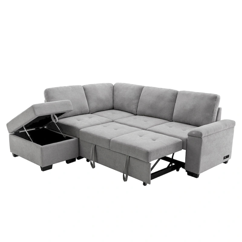 Divano angolare a 5 posti da 84,75" con letto estraibile, pouf contenitore, vano portaoggetti nascosto nel bracciolo e ricarica USB