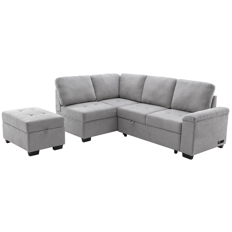 Divano angolare a 5 posti da 84,75" con letto estraibile, pouf contenitore, vano portaoggetti nascosto nel bracciolo e ricarica USB