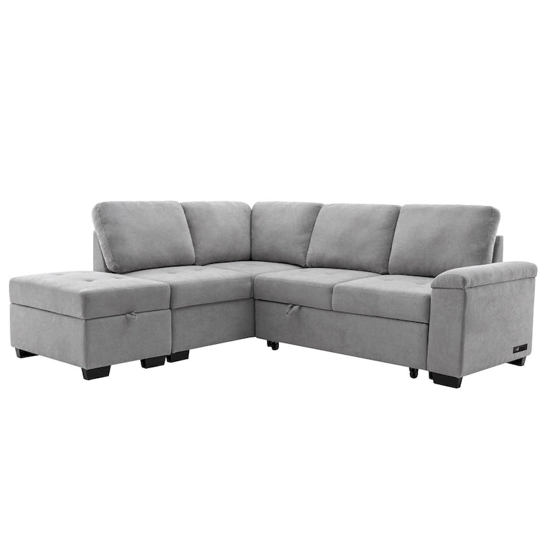 Divano angolare a 5 posti da 84,75" con letto estraibile, pouf contenitore, vano portaoggetti nascosto nel bracciolo e ricarica USB