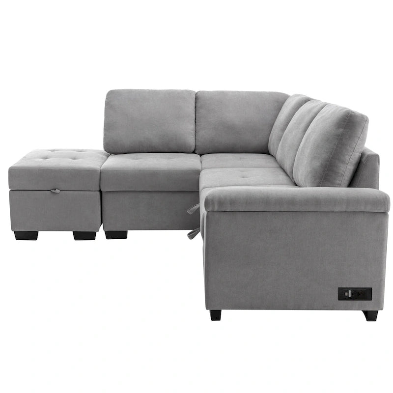 Divano angolare a 5 posti da 84,75" con letto estraibile, pouf contenitore, vano portaoggetti nascosto nel bracciolo e ricarica USB