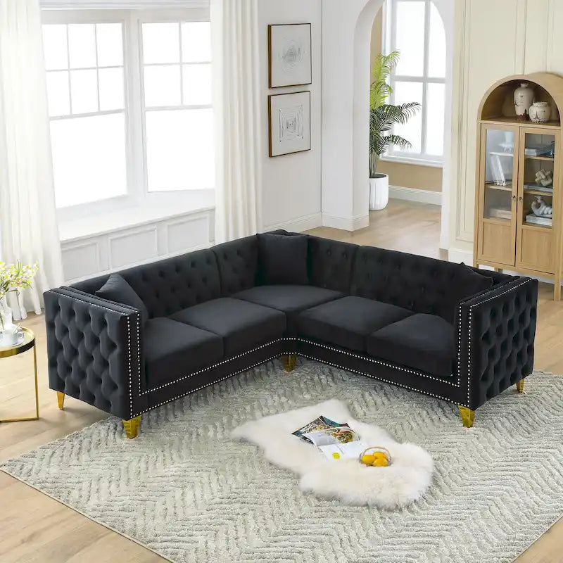 Divano componibile Chesterfield a L a 5 posti in velluto nero da 82,2 pollici con bordo borchiato, gambe in metallo e cuscini trapuntati