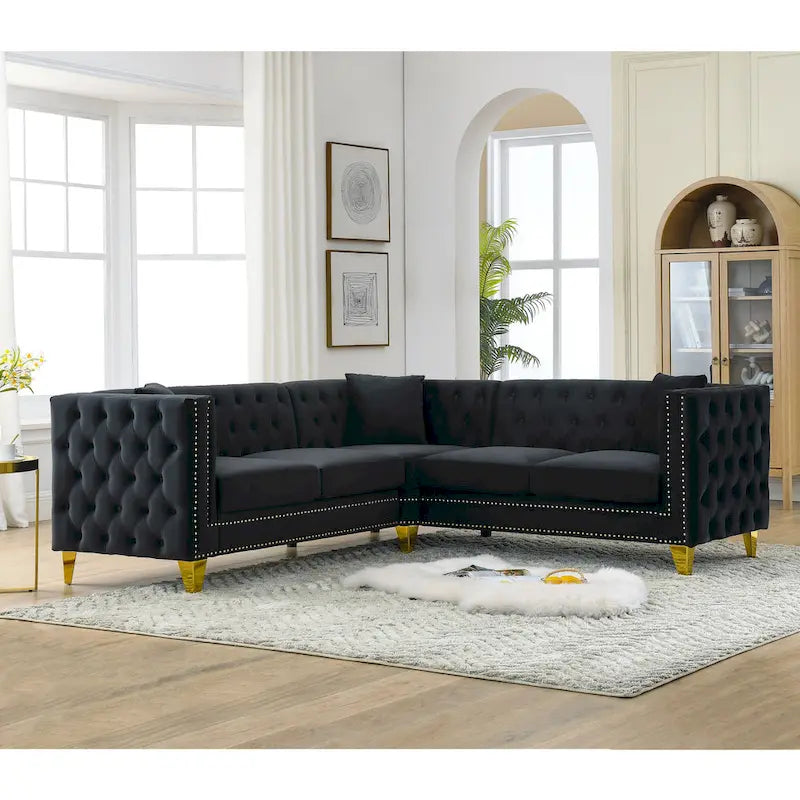 Divano componibile Chesterfield a L a 5 posti in velluto nero da 82,2 pollici con bordo borchiato, gambe in metallo e cuscini trapuntati