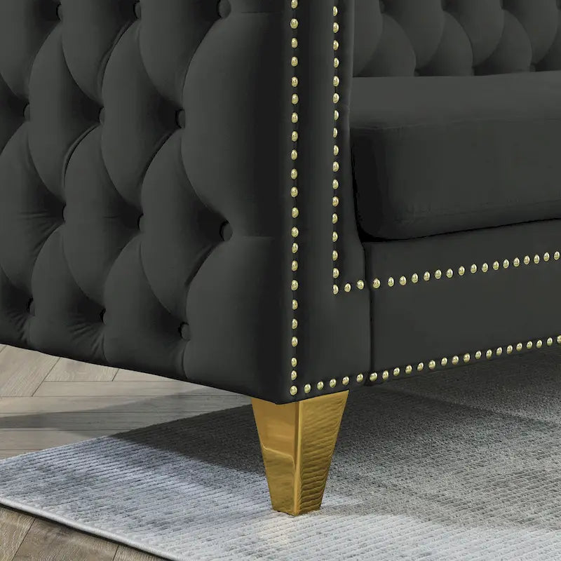 Divano componibile Chesterfield a L a 5 posti in velluto nero da 82,2 pollici con bordo borchiato, gambe in metallo e cuscini trapuntati