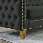 Divano componibile Chesterfield a L a 5 posti in velluto nero da 82,2 pollici con bordo borchiato, gambe in metallo e cuscini trapuntati