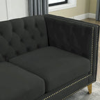 Divano componibile Chesterfield a L a 5 posti in velluto nero da 82,2 pollici con bordo borchiato, gambe in metallo e cuscini trapuntati