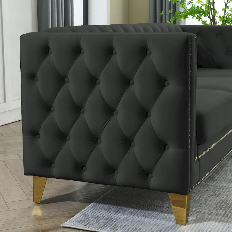 Divano componibile Chesterfield a L a 5 posti in velluto nero da 82,2 pollici con bordo borchiato, gambe in metallo e cuscini trapuntati