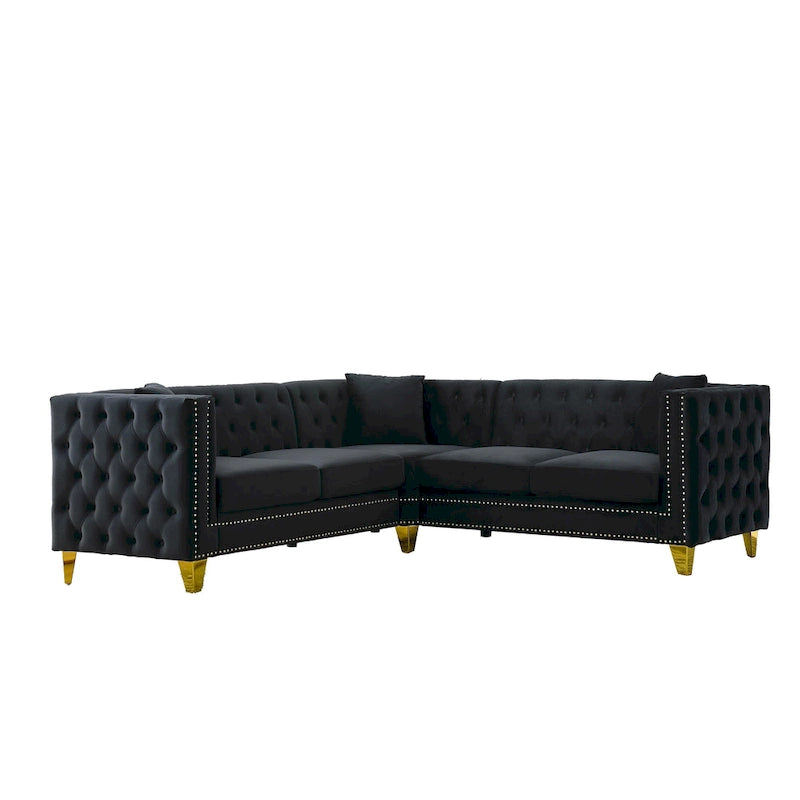 Divano componibile Chesterfield a L a 5 posti in velluto nero da 82,2 pollici con bordo borchiato, gambe in metallo e cuscini trapuntati