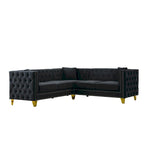 Divano componibile Chesterfield a L a 5 posti in velluto nero da 82,2 pollici con bordo borchiato, gambe in metallo e cuscini trapuntati