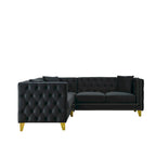 Divano componibile Chesterfield a L a 5 posti in velluto nero da 82,2 pollici con bordo borchiato, gambe in metallo e cuscini trapuntati