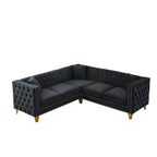 Divano componibile Chesterfield a L a 5 posti in velluto nero da 82,2 pollici con bordo borchiato, gambe in metallo e cuscini trapuntati