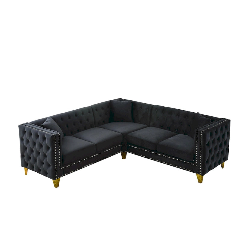 Divano componibile Chesterfield a L a 5 posti in velluto nero da 82,2 pollici con bordo borchiato, gambe in metallo e cuscini trapuntati
