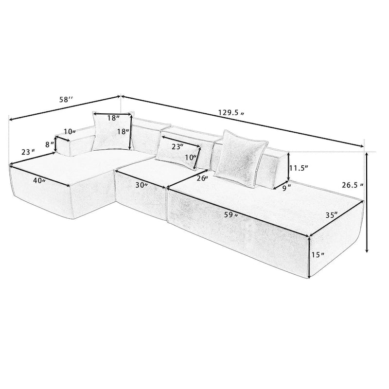 Canapé sectionnel vert 129,5 places en forme de L, modulable, minimaliste, avec méridienne, conception polyvalente à combinaison libre
