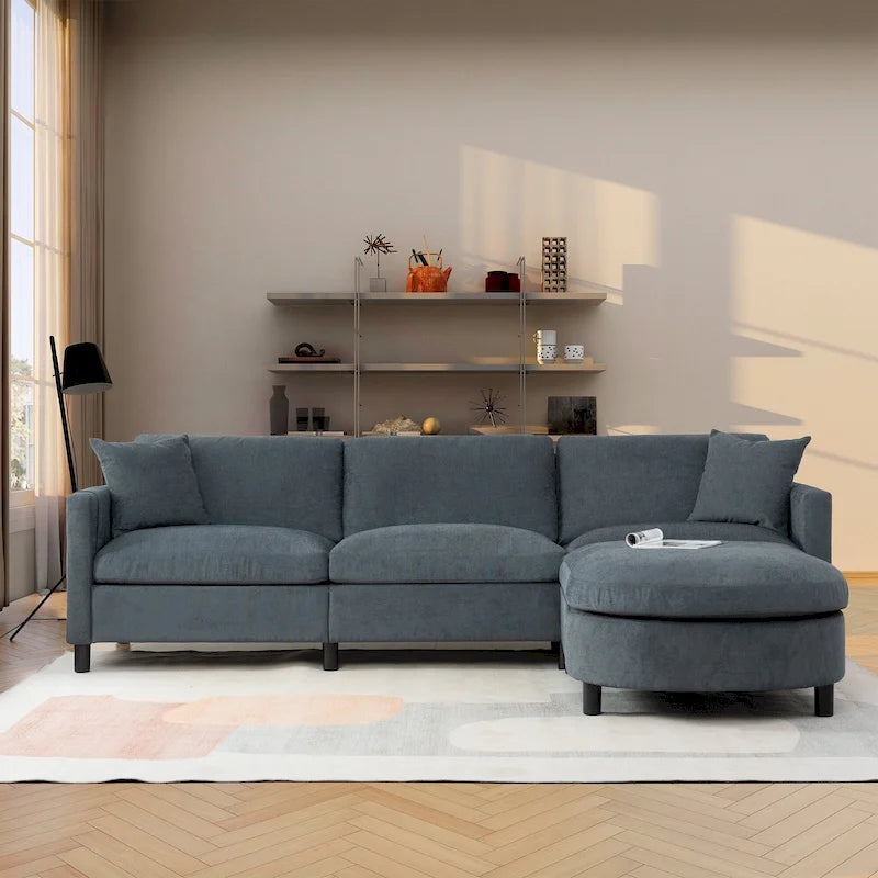 Divano sezionale a 4 posti grigio 107.87 con cuscini sfoderabili, pouf mobile e bracciolo portaoggetti
