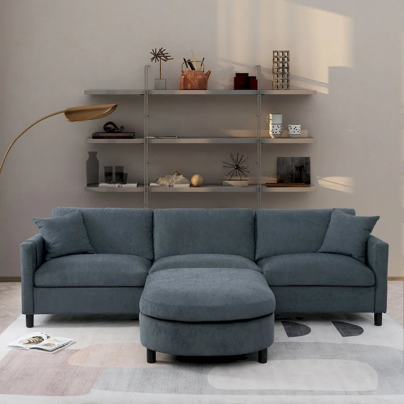 Divano sezionale a 4 posti grigio 107.87 con cuscini sfoderabili, pouf mobile e bracciolo portaoggetti