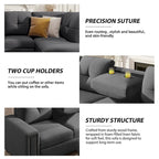 Divano componibile a 6 posti a L reversibile, 105.2, grigio, con pouf contenitore e portabicchieri, design salvaspazio in lino