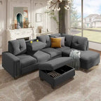 Divano componibile a 6 posti a L reversibile, 105.2, grigio, con pouf contenitore e portabicchieri, design salvaspazio in lino