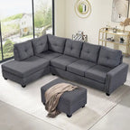 Divano componibile a 6 posti a L reversibile, 105.2, grigio, con pouf contenitore e portabicchieri, design salvaspazio in lino