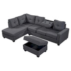 Divano componibile a 6 posti a L reversibile, 105.2, grigio, con pouf contenitore e portabicchieri, design salvaspazio in lino