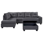 Divano componibile a 6 posti a L reversibile, 105.2, grigio, con pouf contenitore e portabicchieri, design salvaspazio in lino