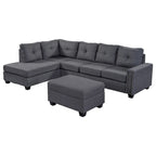 Divano componibile a 6 posti a L reversibile, 105.2, grigio, con pouf contenitore e portabicchieri, design salvaspazio in lino