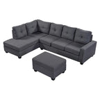 Divano componibile a 6 posti a L reversibile, 105.2, grigio, con pouf contenitore e portabicchieri, design salvaspazio in lino
