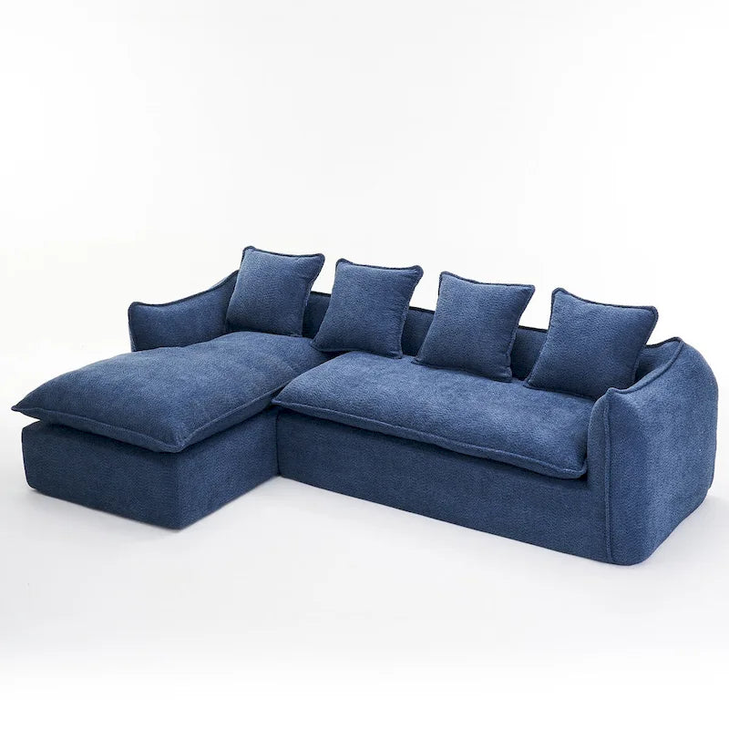 Canapé d'angle en L surdimensionné 3 places bleu 106,3 po avec méridienne, 4 coussins décoratifs et conception modulaire élégante