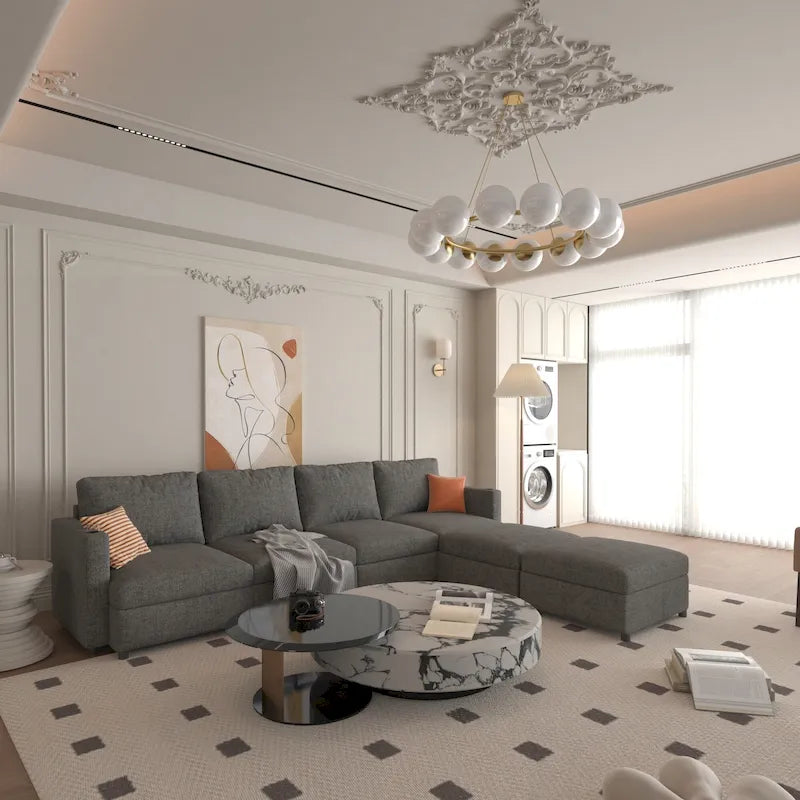 Divano sezionale modulare a U a 4 posti grigio 123 con pouf contenitori