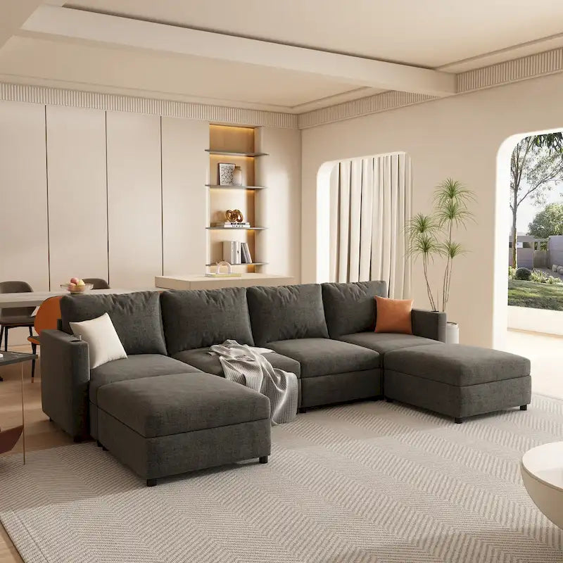 Divano sezionale modulare a U a 4 posti grigio 123 con pouf contenitori