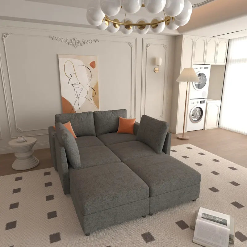 Divano sezionale modulare a U a 4 posti grigio 123 con pouf contenitori