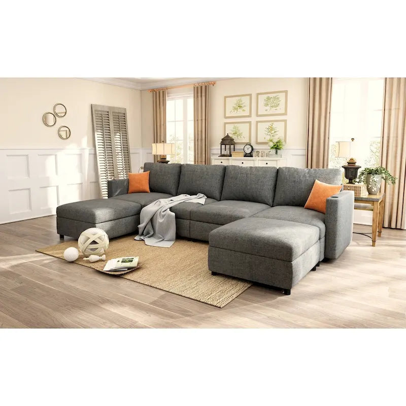 Divano sezionale modulare a U a 4 posti grigio 123 con pouf contenitori