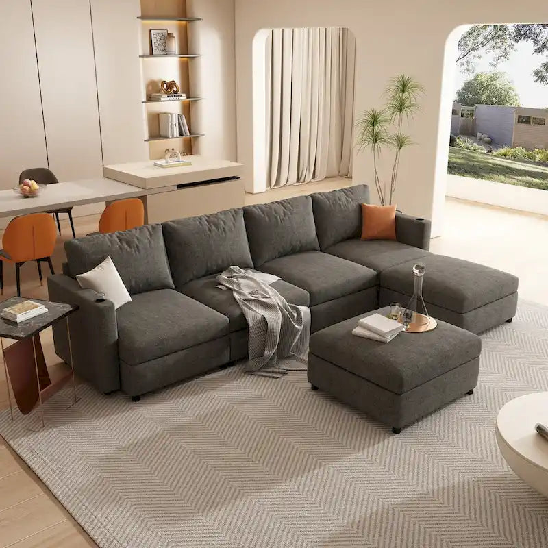 Divano sezionale modulare a U a 4 posti grigio 123 con pouf contenitori