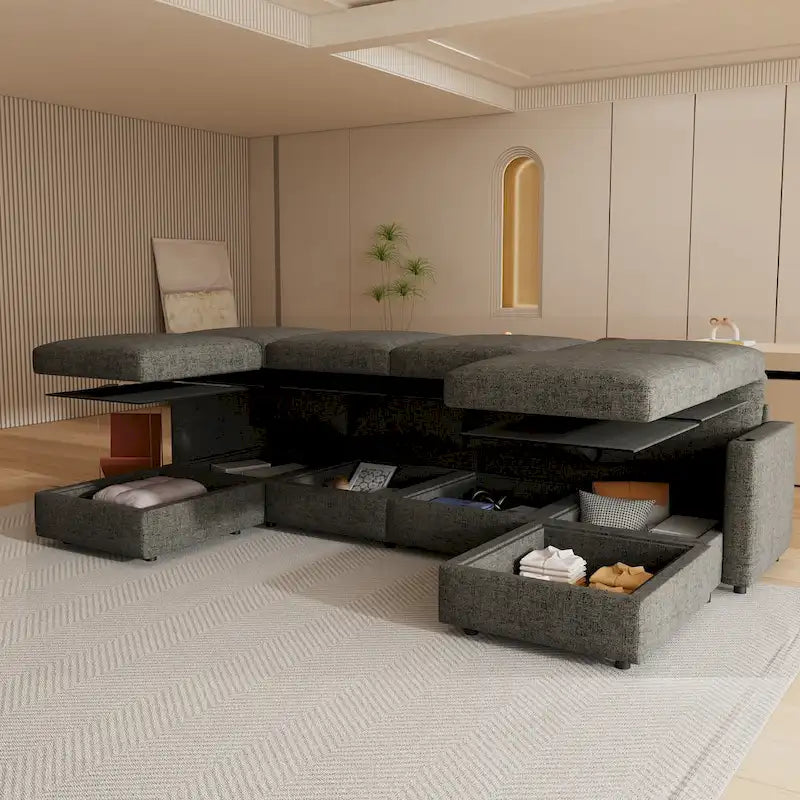 Divano sezionale modulare a U a 4 posti grigio 123 con pouf contenitori