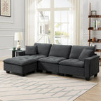Divano angolare trasformabile a 4 posti grigio 100 con pouf rimovibile e cuscini abbinati, perfetto per il soggiorno