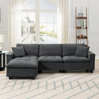 Divano angolare trasformabile a 4 posti grigio 100 con pouf rimovibile e cuscini abbinati, perfetto per il soggiorno
