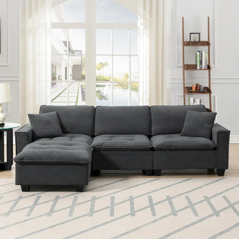 Divano angolare trasformabile a 4 posti grigio 100 con pouf rimovibile e cuscini abbinati, perfetto per il soggiorno