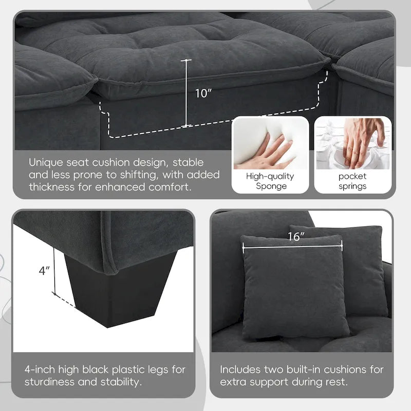 Divano angolare trasformabile a 4 posti grigio 100 con pouf rimovibile e cuscini abbinati, perfetto per il soggiorno