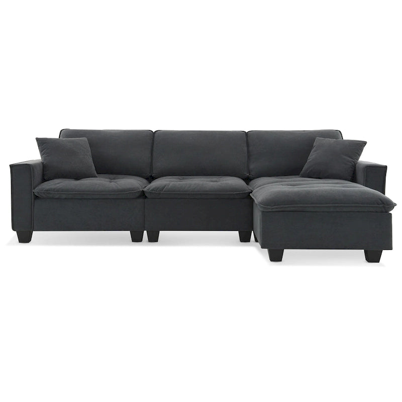 Divano angolare trasformabile a 4 posti grigio 100 con pouf rimovibile e cuscini abbinati, perfetto per il soggiorno