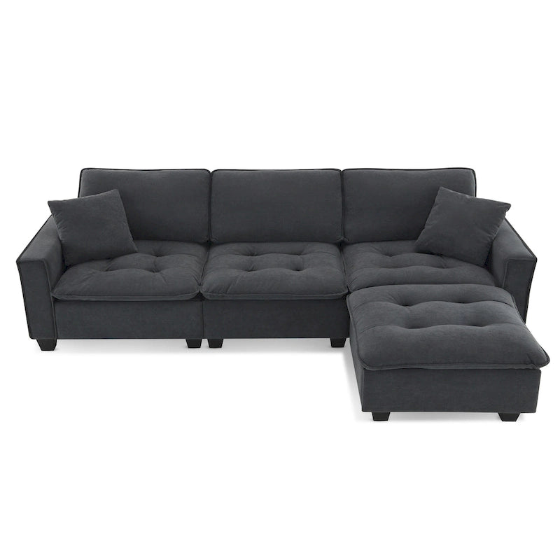 Divano angolare trasformabile a 4 posti grigio 100 con pouf rimovibile e cuscini abbinati, perfetto per il soggiorno
