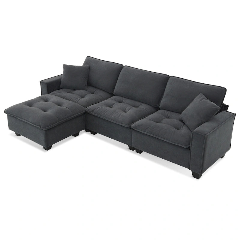 Divano angolare trasformabile a 4 posti grigio 100 con pouf rimovibile e cuscini abbinati, perfetto per il soggiorno