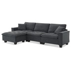 Divano angolare trasformabile a 4 posti grigio 100 con pouf rimovibile e cuscini abbinati, perfetto per il soggiorno